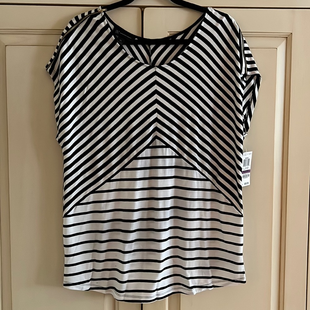 New INC black and white stripe top with zipper shoulder detail